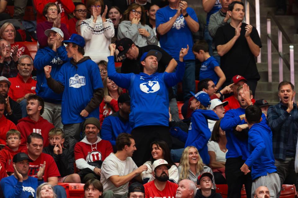 Brigham Young University fans cheer during the men’s basketball game against rival University of Utah at the Jon M. Huntsman Center in Salt Lake City on Saturday, Dec. 9, 2023. | Megan Nielsen, Deseret News