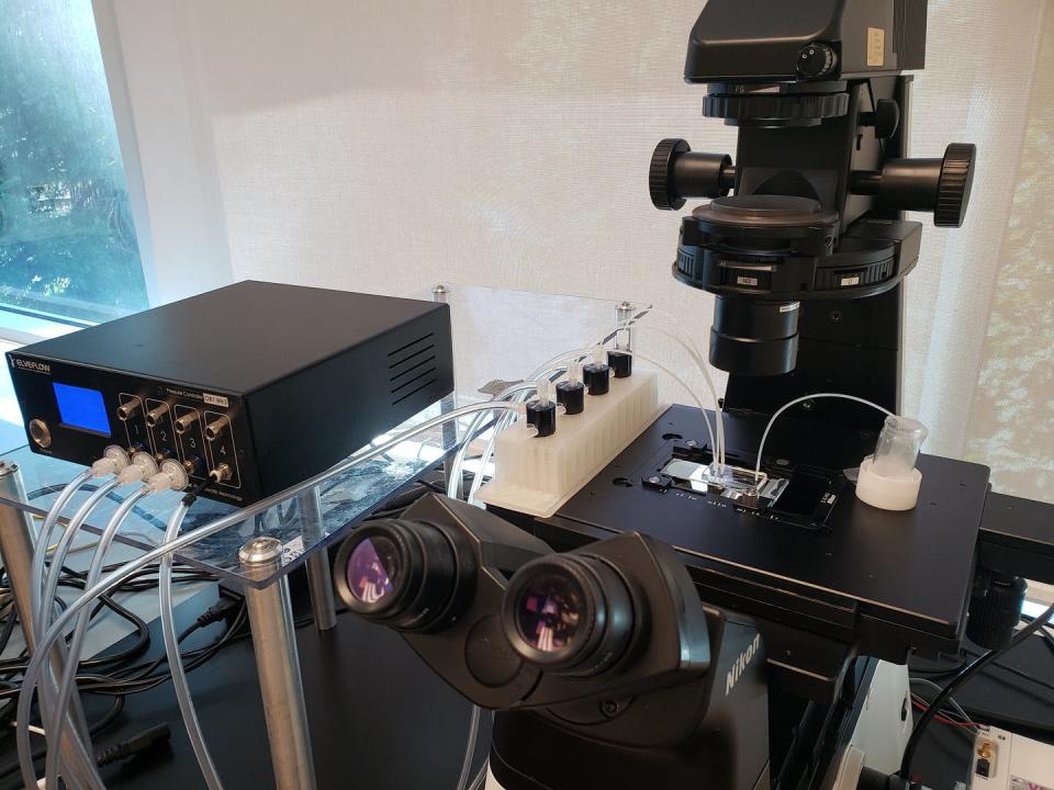 <span class="caption">Photo of the microfluidic device on a microscope in our lab. On the left you can see the pressure pumps used to inject liquids into the chip.</span> <span class="attribution"><span class="source">Elanna Stephenson</span></span>