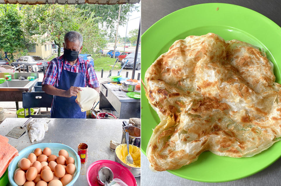 You will find Fawwaz who has more than 20 years experience flipping and making his signature 'roti gebu' that is famed for its soft texture (left). Ask for a crispy cooked 'roti canai' for an exceptional light, ultra flaky 'roti' that will have you asking for seconds and more (right).