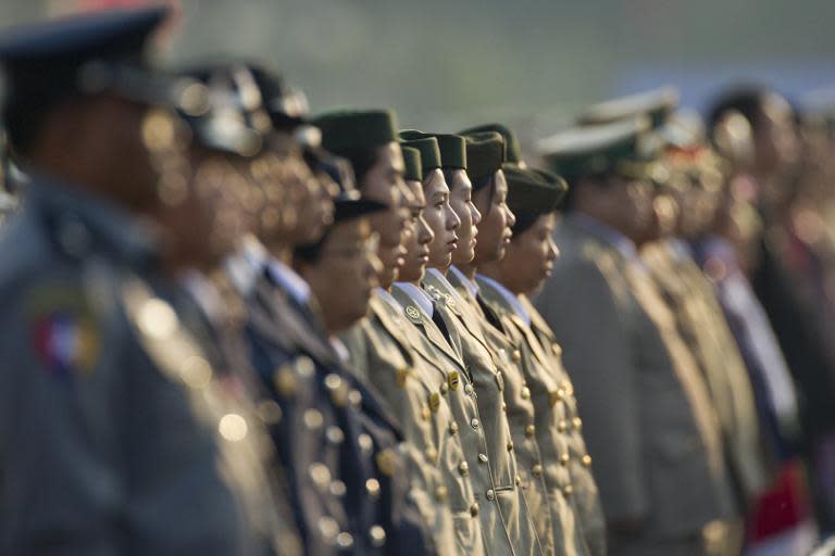 Myanmar military officers attend a ceremony to mark the 70th anniversary of Armed Forces Day in the capital Naypyidaw on March 27, 2015