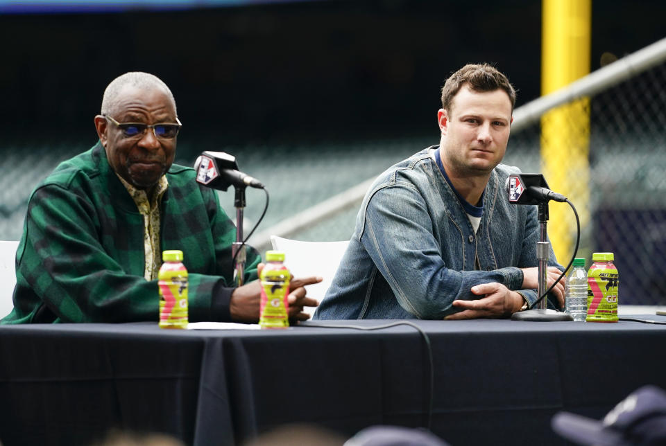 American League manager Dusty Baker, of the Houston Astros, and American League starting pitcher Gerrit Cole, of the New York Yankees, listen to a question from a member of the media during an All-Star Game press conference, Monday, July 10, 2023, in Seattle. The All-Star Game will be played Tuesday, July 11. (AP Photo/Lindsey Wasson)