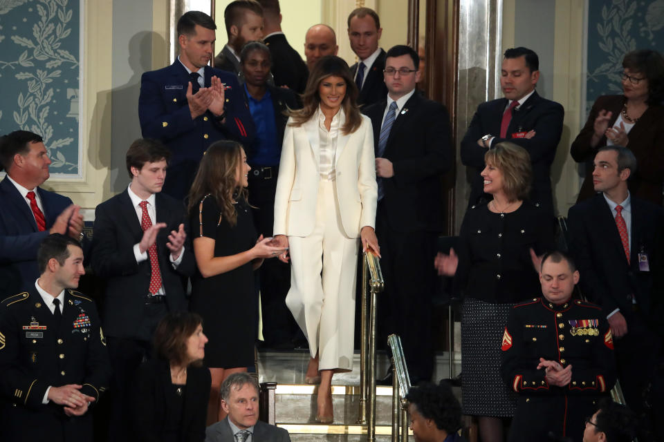 First lady Melania Trump wore white to the State of the Union address in 2018. (Photo: Getty Images)