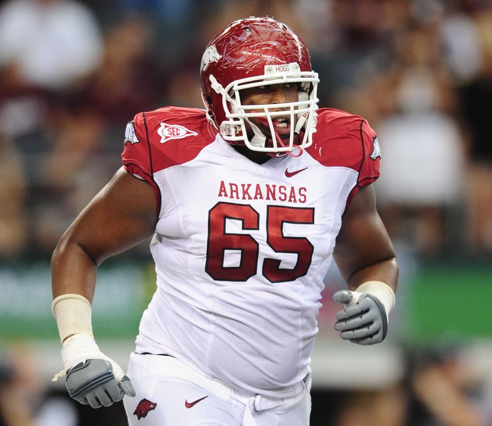 Oct. 9, 2010; Arlington, TX, USA; Arkansas Razorbacks offensive tackle DeMarcus Love against the Texas A&M Aggies at Cowboys Stadium. Arkansas defeated Texas A&M 24-17. Mandatory Credit: Mark J. Rebilas-USA TODAY Sports