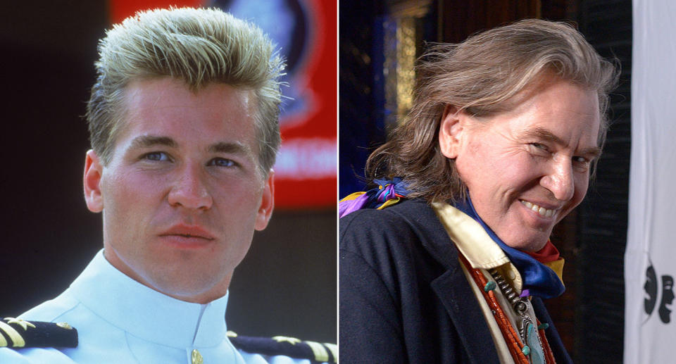 Val Kilmer pictured in Top Gun (L) and at the 2019 annual Thespians Go Hollywood Gala at Avalon Hollywood (R). (Paramount/Getty)