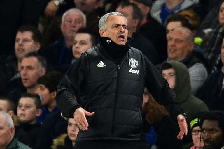 Manchester United's manager Jose Mourinho gestures on the touchline during their English FA Cup quarter-final match against Chelsea, at Stamford Bridge in London, on March 13, 2017