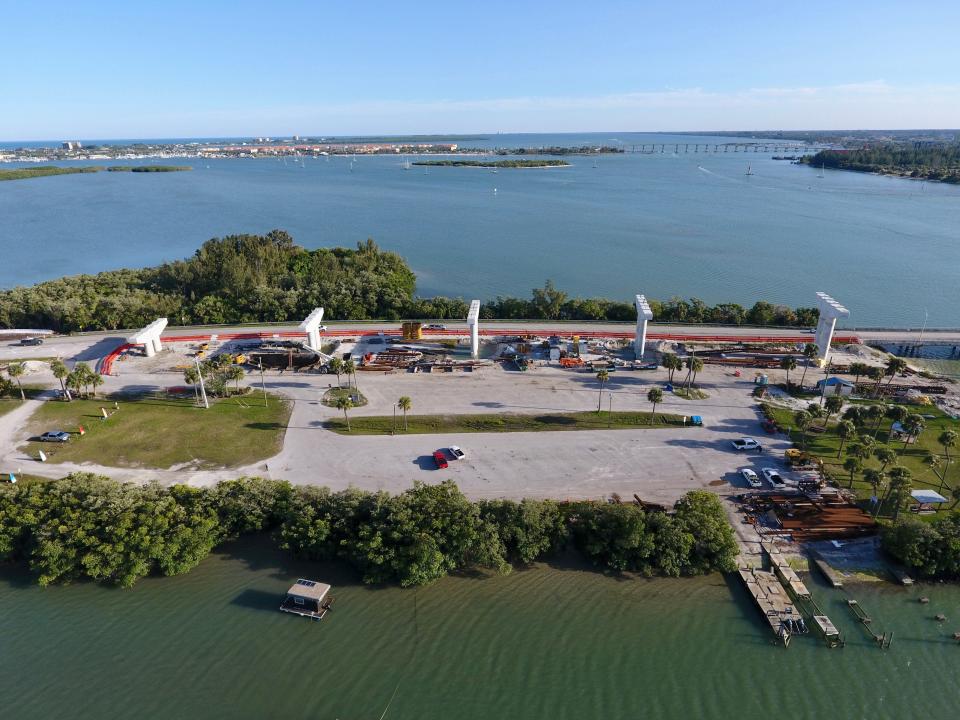 A drone captures work on the new North Causeway bridge in Fort Pierce on Feb. 24, 2024. There will be 347 pillars, of different sizes, used in building the new bridge that will span above Old Dixie Highway to meet U.S.1 on the west, according to Vecellio & Grogan Inc. whose workers placed pillars. It will replace the current drawbridge built in 1963, which is the D.H. "Banty" Saunders Bridge, designated by the 1965 Florida Legislature. David Howard Saunders was a state representative in the 1945 Legislature. He was a Fort Pierce City commissioner, and a lumberman for 40 years, according to the Miami News of March 7, 1945.