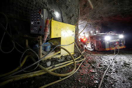 An electric jumbo drill operates at Goldcorp Inc's Borden all-electric underground gold mine near Chapleau, Ontario, Canada, June 13, 2018. REUTERS/Chris Wattie