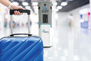 Artist's concept of a RAD SCOT security robot on duty in an airport baggage claim area.