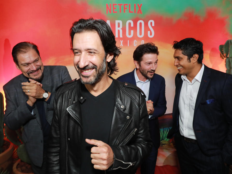 MEXICO CITY, MEXICO - OCTOBER 30: Jose Maria Yazpik, Joaquin Cosio, Michael Pena, Diego Luna and Tenoch Huerta pose during Netflix Narcos Cocktail Party at Four Seasons Hotel on October 30, 2018 in Mexico City, Mexico.  (Photo by Hector Vivas/Getty Images for Netflix)