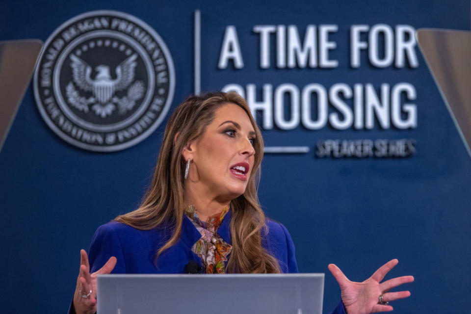 RNC Chairwoman Ronna McDaniel speaks at the Ronald Reagan Presidential Library on April 20, 2023, in Simi Valley, California. (Photo by David McNew/Getty Images)