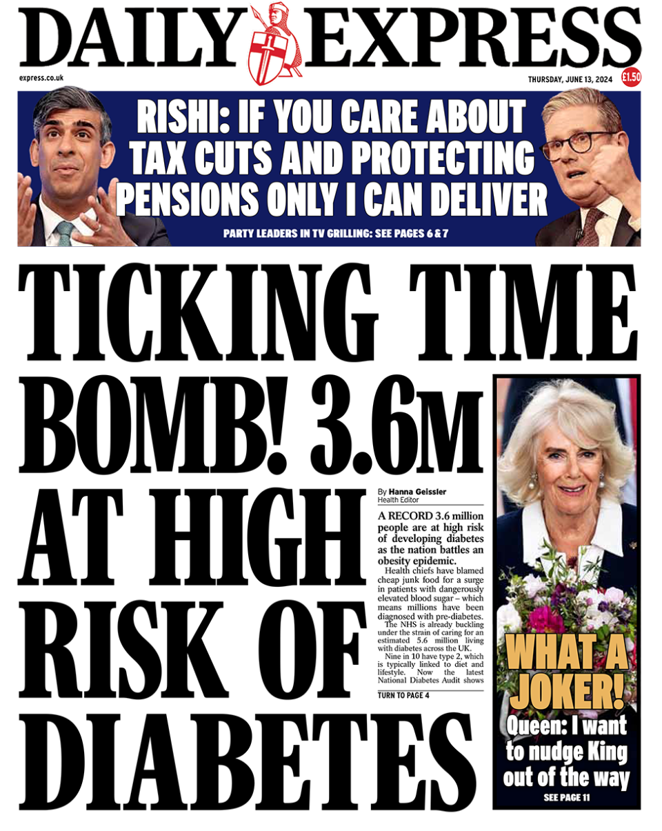 Daily Express headline: "TICKING TIME BOMB! 3.6M at high risk of DIABETES"