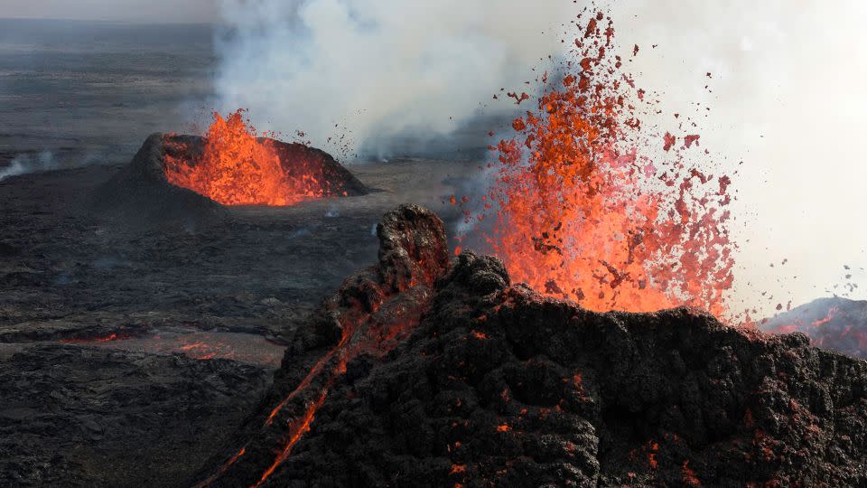 Lava flows from the Sundhnúkur volcano on the Reykjanes Peninsula in southwestern Iceland forced the evacuation of the fishing village of Grindavik and the Blue Lagoon geothermal spa on June 2.  The volcano has erupted five times since December.  -John Moore/Getty Images