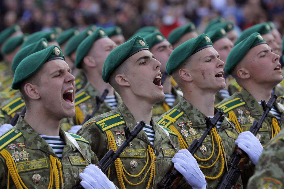 Belarusian soldiers perform during the Victory Day military parade that marked the 75th anniversary of the allied victory over Nazi Germany, in Minsk, Belarus, Saturday, May 9, 2020. Belarus remains one of the few countries that hadn't imposed a lockdown or restricted public events despite recommendations of the World Health Organization. (AP Photo/Sergei Grits)