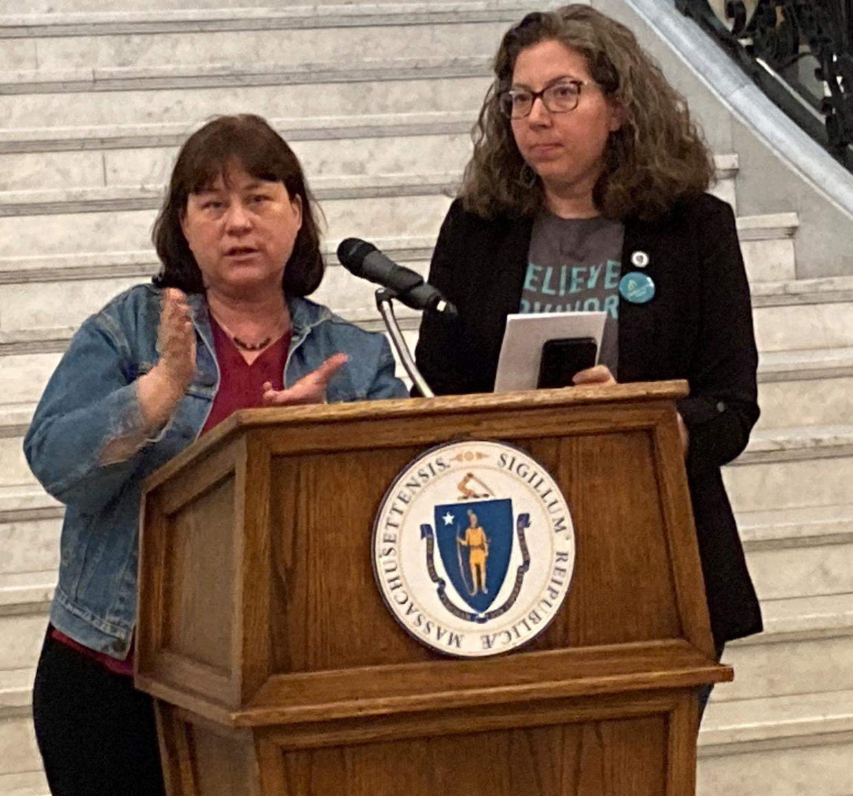 Co-chairs of the Women's Caucus Sexual Violence representatives Trisha Farley-Bouvier, D-Pittsfield and Natalie Higgins, D-Leominster, wear denim to mark Denim Day in solidarity with survivors of sexual assault and violence during Sexual Assault Awareness Month, celebrated in April.