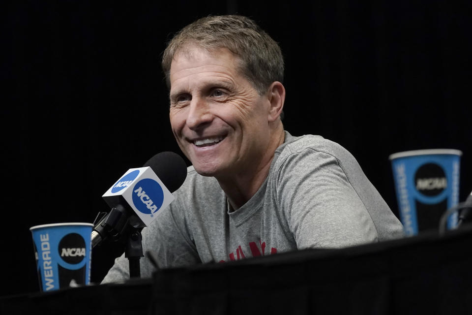 Arkansas coach Eric Musselman speaks during a news conference for the NCAA men's college basketball tournament in San Francisco, Friday, March 25, 2022. Arkansas faces Duke in an Elite 8 game Saturday. (AP Photo/Jeff Chiu)
