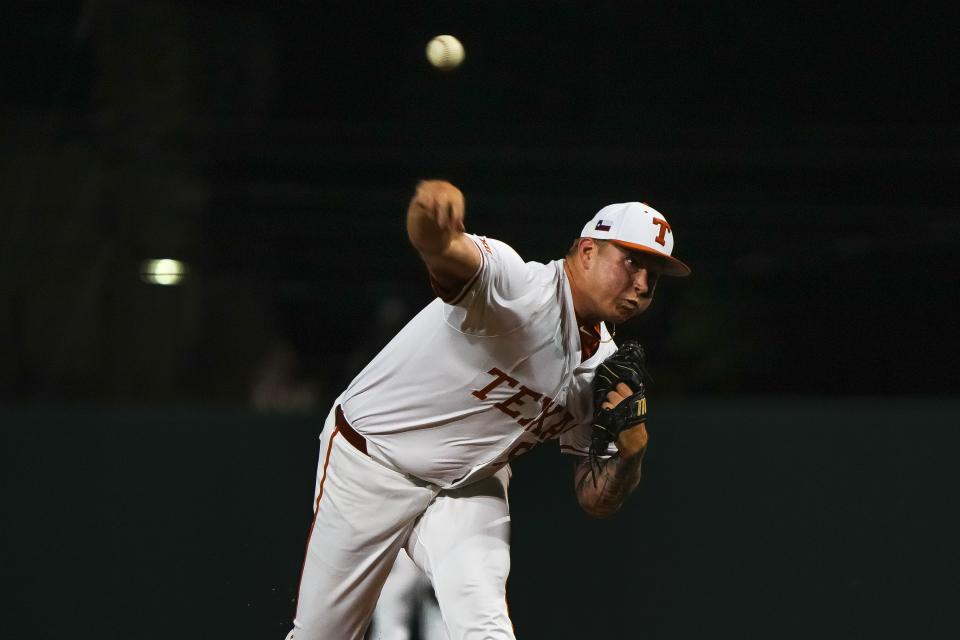 Texas closer Gage Boehm took the loss in Wednesday's elimination game at the Big 12 Tournament. He entered the game with no outs in the fourth and allowed two hits and two unearned runs over four innings.