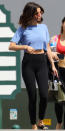 <p>Gomez was spotted leaving a pilates studio after a workout with some friends in a pair of black leggings from Alo Yoga ($82; <a rel="nofollow noopener" href="https://click.linksynergy.com/fs-bin/click?id=93xLBvPhAeE&subid=0&offerid=390098.1&type=10&tmpid=8158&RD_PARM1=http%253A%252F%252Fshop.nordstrom.com%252Fs%252Falo-airbrush-high-waist-leggings%252F4165946&u1=ISSelenaGomezStreetStyle3.15JA" target="_blank" data-ylk="slk:nordstrom.com;elm:context_link;itc:0;sec:content-canvas" class="link ">nordstrom.com</a>) and a baby blue crop top. </p>