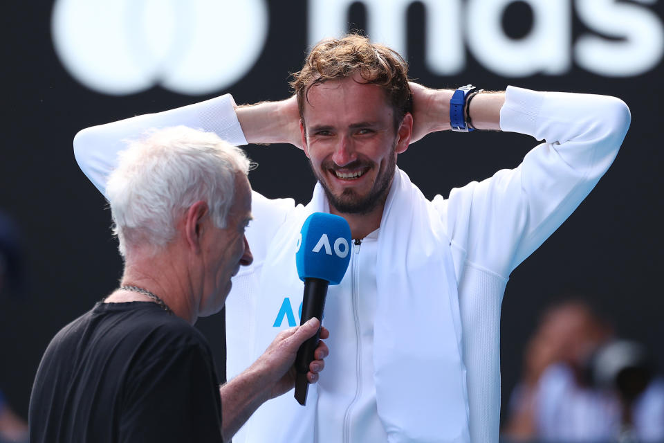 MELBOURNE, AUSTRALIA - JANUARY 24: Daniil Medvedev is interviewed after their quarterfinals singles match against Hubert Hurkacz of Poland during the 2024 Australian Open at Melbourne Park on January 24, 2024 in Melbourne, Australia. (Photo by Graham Denholm/Getty Images)