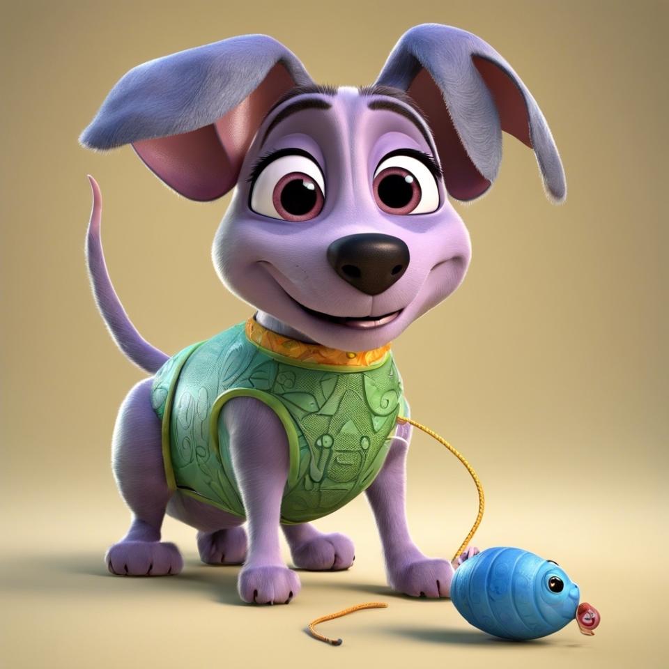 3D AI-generated image of Princess Atta from "A Bug's Life" as a dog, wearing a green shirt, with a toy