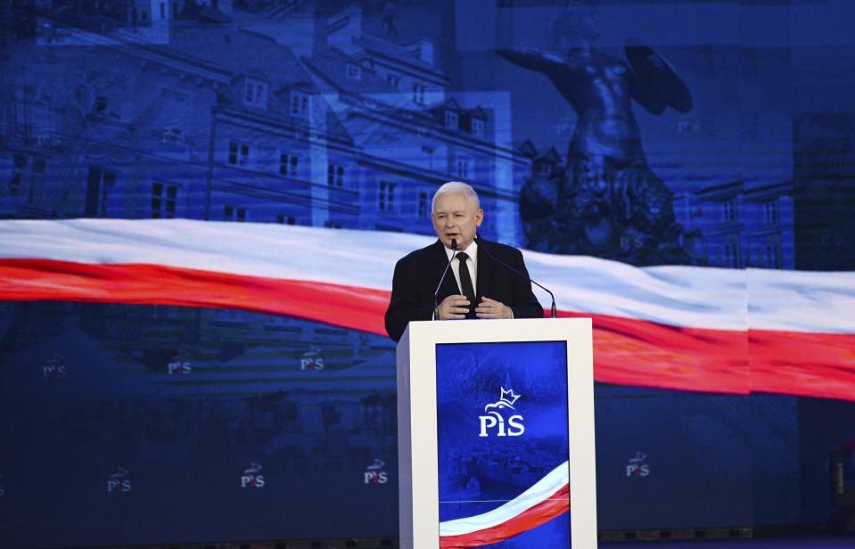 Jaroslaw Kaczynski, leader of the ruling Law and Justice party (PiS) speaks during his party's electoral convention ahead of the Oct.21 local elections, in Warsaw, Poland, Sunday, Sept. 2, 2018. The leader of Poland's conservative political party, whose policies have led to clashes with European Union leaders, says he wants the country to be like western EU nations "in every respect" over the next two decades. (AP Photo/Alik Keplicz)