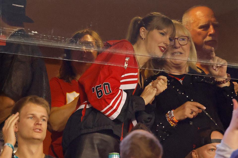 Taylor Swift and Donna Kelce look on before the Oct. 12, 2023, game between the Kansas City Chiefs and the Denver Broncos at GEHA Field at Arrowhead Stadium in Kansas City, Missouri.