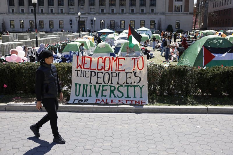 An encampment of pro-Palestinian protestors is seen in Columbia University's main quad in New York on Monday. Columbia last month moved classes online due to the protests. Photo by John Angelillo/UPI