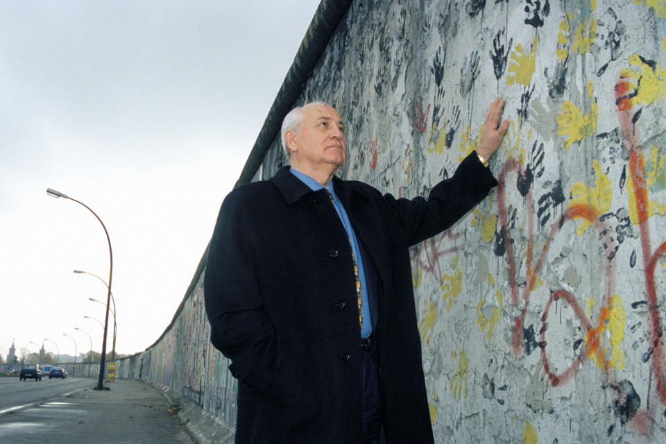 Mikhail Gorbachev, former Soviet leader and Nobel Peace Prize laureate, at the Berlin Wall in May 1998. (Micheline Pelletier / Sygma via Getty Images file)
