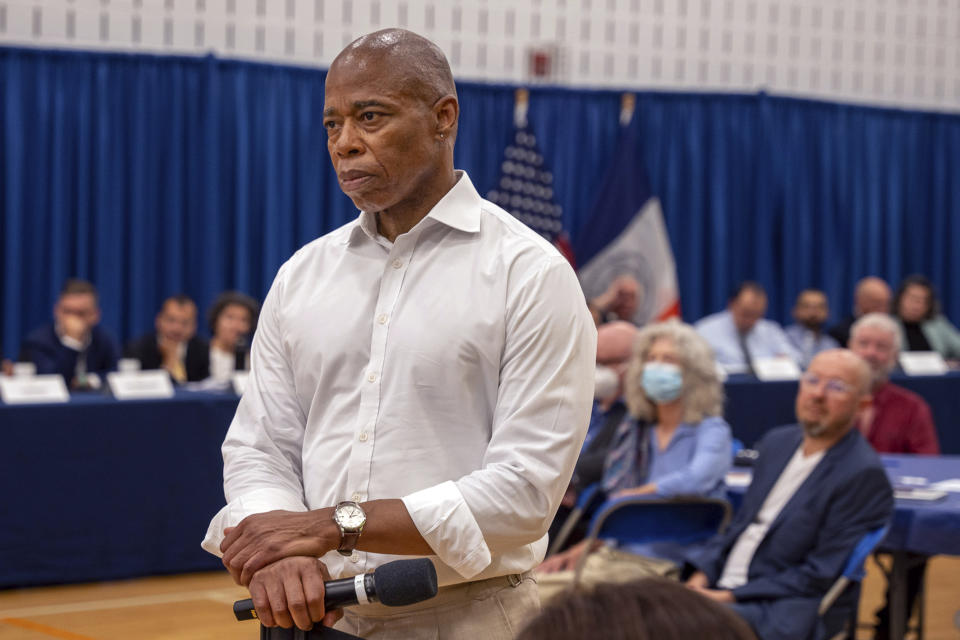 FILE - In this image provided by the the Office of the New York Mayor, New York Mayor Eric Adams hosts "Talk with Eric: A Community Conversation," Wednesday, Sept. 6, 2023, in New York. As tens of thousands of international migrants have arrived in New York City over the past year without jobs or a home, Adams and New York Gov. Kathy Hochul have begged President Joe Biden for one thing: Make it easier for migrants to get work authorization papers quickly. (Benny Polatseck/Office of the New York Mayor via AP, File)