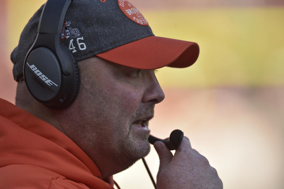 Cleveland Browns head coach Freddie Kitchens watches the second half of an NFL football game against the Miami Dolphins, Sunday, Nov. 24, 2019, in Cleveland. (AP Photo/David Richard)