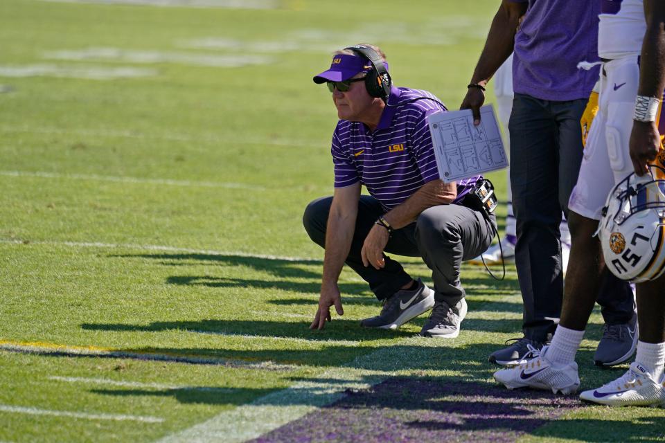 LSU head coach Brian Kelly watches from the sideline in the second half of the loss to Tennessee.