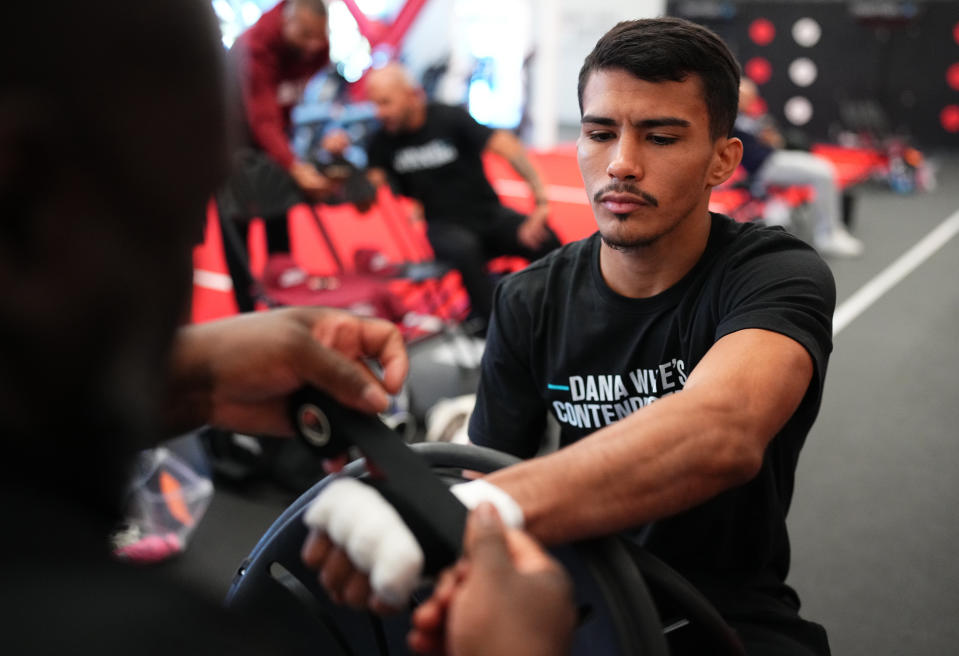 LAS VEGAS, NEVADA – SEPTEMBER 1: Igor Da Silva of Brazil has his hands wrapped prior to his fight during Dana White’s Contender Series season seven, week seven at UFC APEX on September 19, 2023 in Las Vegas, Nevada. (Photo by Chris Unger/Zuffa LLC via Getty Images)