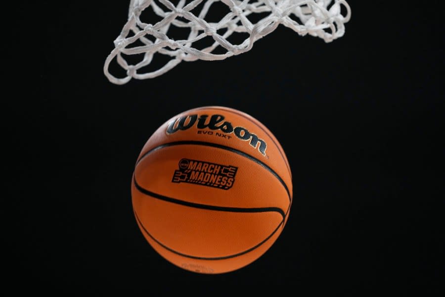 A basketball fall through the hoop during warmups for a first-round college basketball game between Texas and Drexel in the women’s NCAA Tournament in Austin, Texas, Friday, March 22, 2024. (AP Photo/Eric Gay)