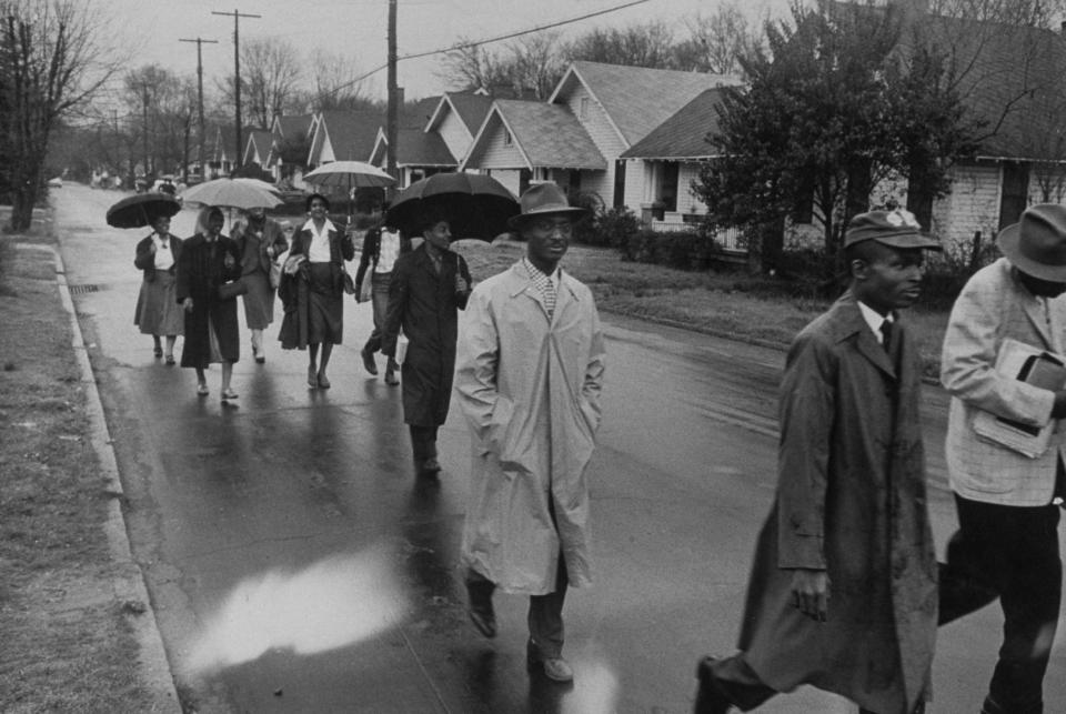 Day of Pilgrimage protest begins on December 5, 1955, with black Montgomery citizens walking to work, part of their boycott of buses in the wake of the Rosa Parks incident. (Photo by Grey Villet//Time Life Pictures/Getty Images)