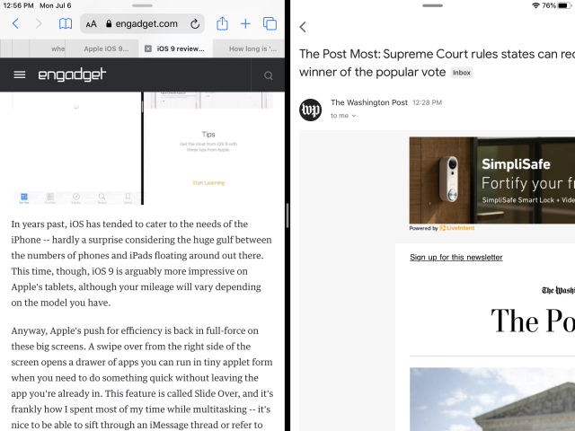 Apple iPad Gmail split-view multitasking