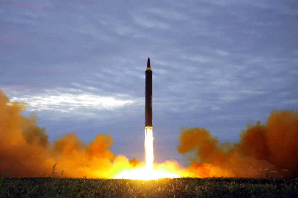 FILE - This photo distributed by the North Korean government shows what was said to be the test launch of a Hwasong-12 intermediate range missile in Pyongyang, North Korea on Aug. 29, 2017. North Korea on Tuesday, Oct. 4, 2022 fired an intermediate-range ballistic missile over Japan for the first time in five years. Japanese Defense Minister Yasukazu Hamada said one launched Tuesday could be the same as the Hwasong-12 missile that North has fired four times in the past. The content of this image is as provided and cannot be independently verified. (Korean Central News Agency/Korea News Service via AP, File)