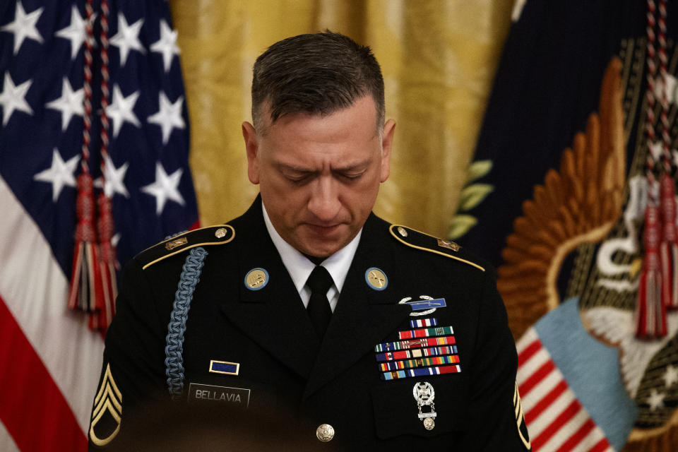 Army Staff Sgt. David Bellavia pauses durning a ceremony at the White House in Washington, Tuesday, June 25, 2019, before receiving the Medal of Honor for conspicuous gallantry while serving in support of Operation Phantom Fury in Fallujah, Iraq. (AP Photo/Carolyn Kaster)