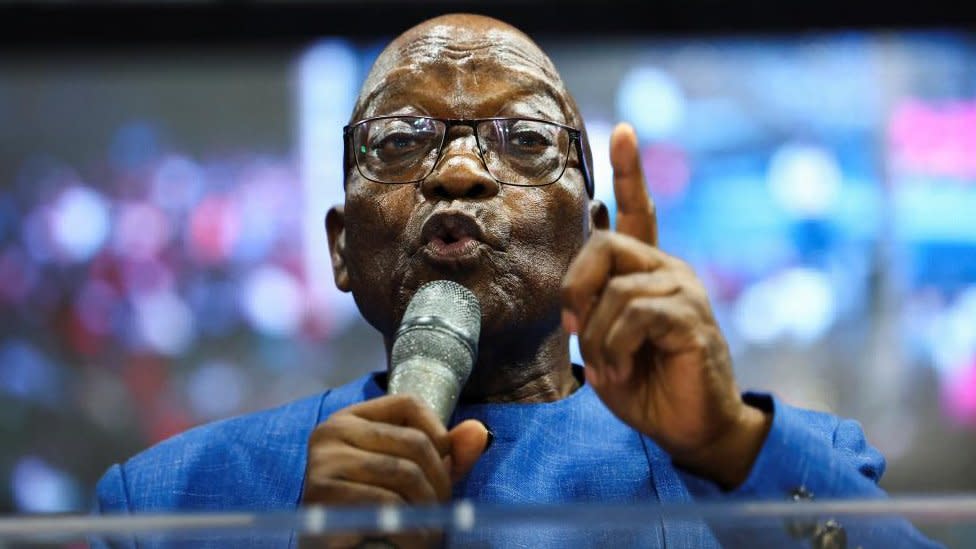 Former South African president Jacob Zuma speaks during his visit to the Shekainah Healing Ministries in Philippi, where he campaigns for a new party, uMkhonto We Sizwe, for the upcoming election, in Cape Town, South Africa, March 10