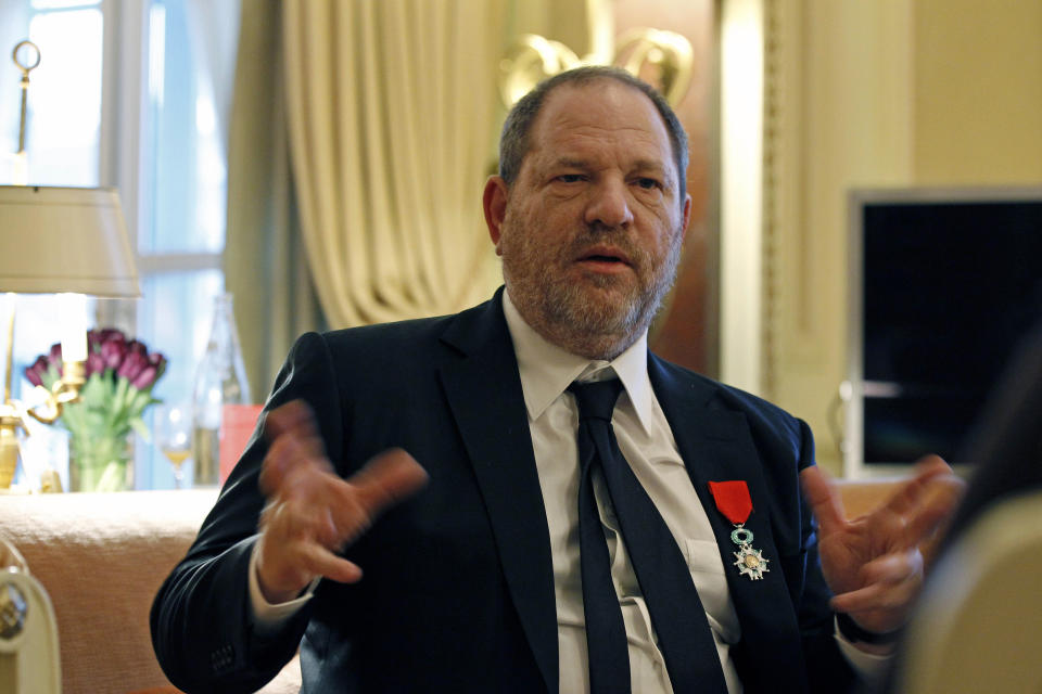 U.S film producer and movie studio chairman Harvey Weinstein during an interview with the Associated Press in Paris, Wednesday, March 7, 2012, the same day as Weinstein received, Chevalier of the Legion of Honor by French President Nicolas Sarkozy. (AP Photo/Remy de la Mauviniere)