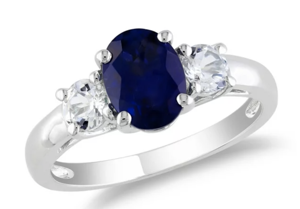 Tangelo 2.63 carat blue and white sapphire sterling silver ring. Image via Walmart.