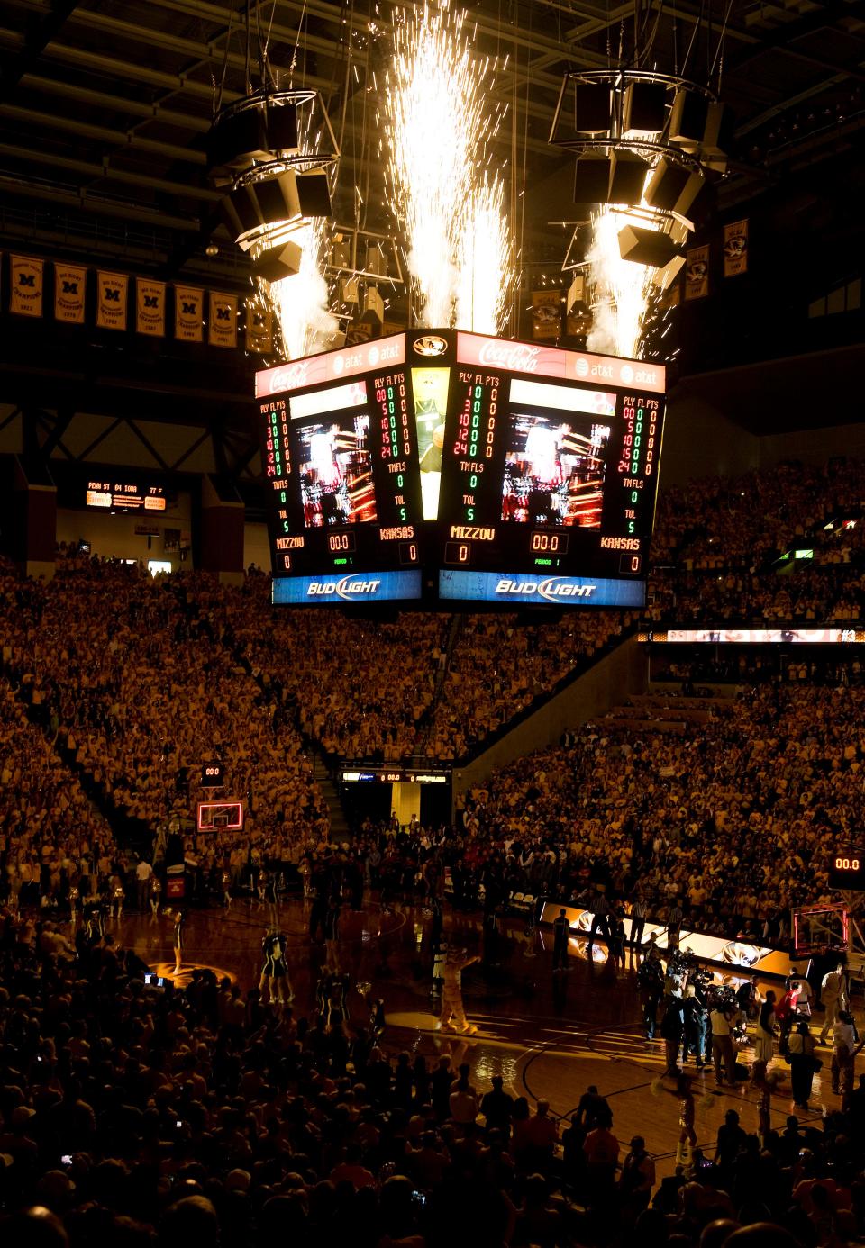 Fireworks shoot into the air prior to the start of the NCAA college basketball game featuring Kansas and Missouri Saturday, Feb. 4, 2012, in Columbia, Mo. Missouri won the game 74-71.