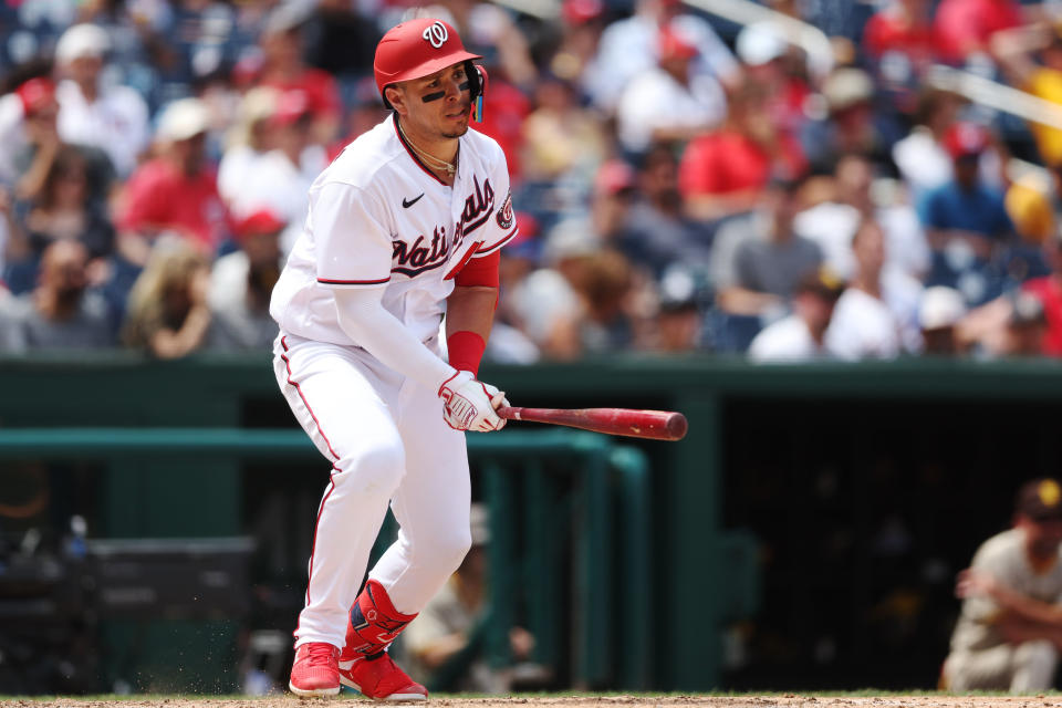 WASHINGTON,  - AUGUST 14: Joey Meneses #45 of the Washington Nationals singles in the sixth inning during the game between the San Diego Padres and the Washington Nationals at Nationals Park on Sunday, August 14, 2022 in Washington, District of Columbia. (Photo by Rob Tringali/MLB Photos via Getty Images)