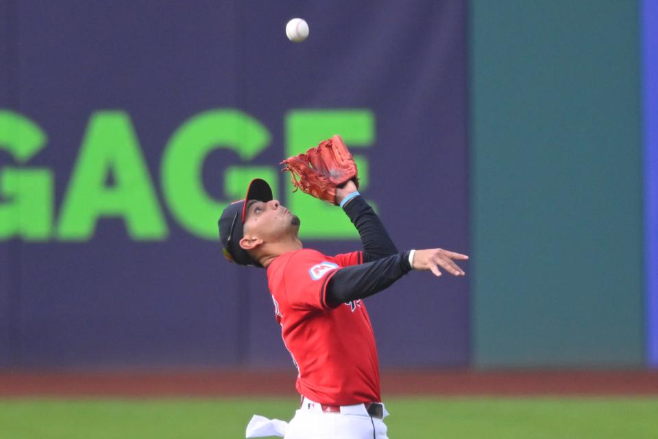 Jul 23, 2024; Cleveland, Ohio, USA; Cleveland Guardians second baseman Andres Gimenez (0) catches a fly ball in the first inning against the Detroit Tigers at Progressive Field. Mandatory Credit: David Richard-USA TODAY Sports