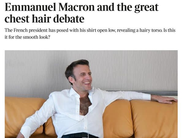 La photo de Macron chemise ouverte agite la presse britannique (Capture The Times) (Photo: Capture The Times)