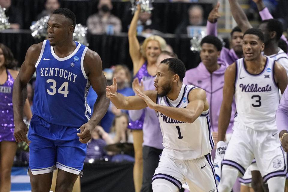 Kansas State guard Markquis Nowell celebrates after scoring against Kentucky during the second half of a second-round college basketball game in the NCAA Tournament on Sunday, March 19, 2023, in Greensboro, N.C. (AP Photo/Chris Carlson)