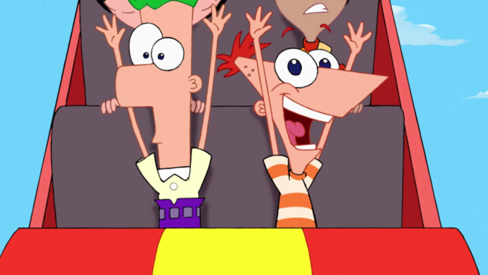 Phineas and Ferb on a rollercoaster in 