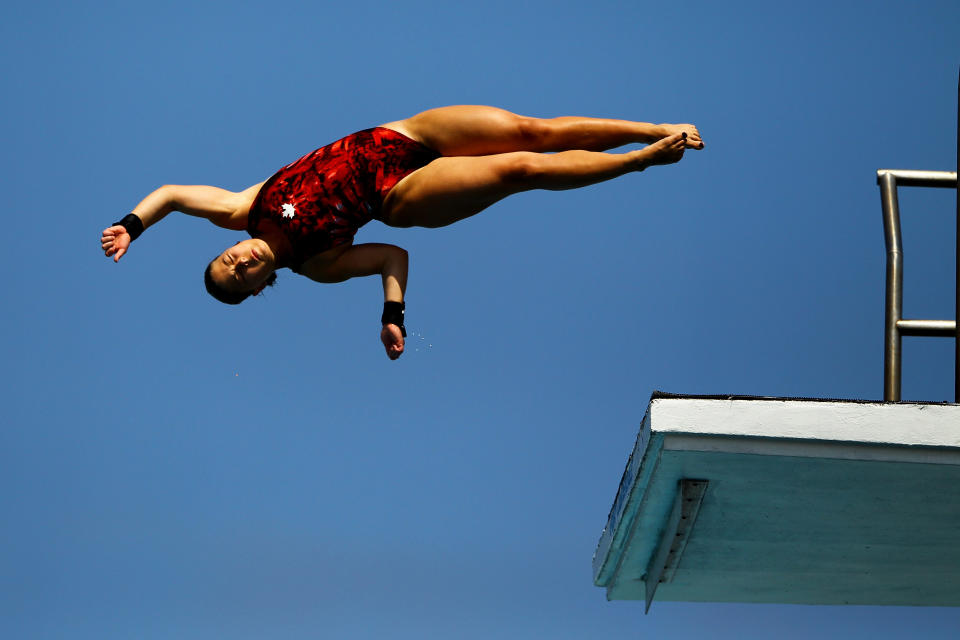 FORT LAUDERDALE, FL - MAY 11: Meaghan Benfeito of Canada dives during the Womens 10m Platform Semi Final at the Fort Lauderdale Aquatic Center on Day 2 of the AT&T USA Diving Grand Prix on May 11, 2012 in Fort Lauderdale, Florida. (Photo by Al Bello/Getty Images)