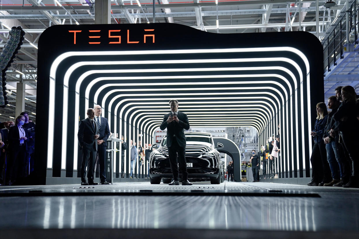 Tesla CEO Elon Musk attends the start of production at Tesla's "Gigafactory" in Gruenheide, Germany, March 22, 2022.