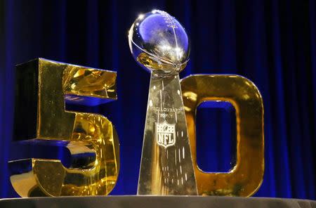 Feb 5, 2016; Santa Clara, CA, USA; A general view of the Vince Lombardi Trophy with the Super Bowl 50 logo prior to a press conference at Moscone Center in advance of Super Bowl 50 between the Carolina Panthers and the Denver Broncos. Mandatory Credit: Matthew Emmons-USA TODAY Sports