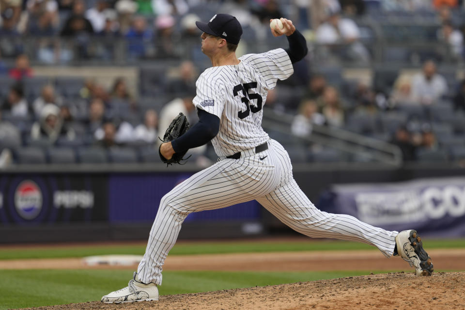 New York Yankees pitcher Clay Holmes delivers against the Detroit Tigers in the ninth inning of a baseball game, Saturday, May 4, 2024, in New York. (AP Photo/Mary Altaffer)