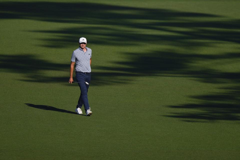 Ludvig Aberg, of Sweden, walks to the green on the 15th hole during final round at the Masters golf tournament at Augusta National Golf Club Sunday, April 14, 2024, in Augusta, Ga. (AP Photo/Matt Slocum)